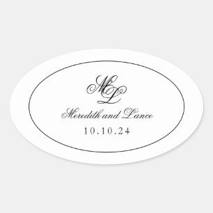 Elegant Monogram Black and White Script Oval Sticker