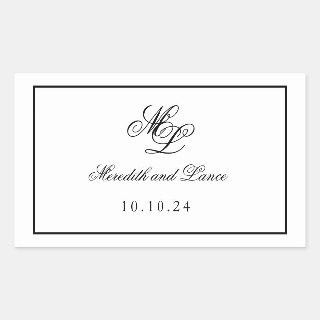 Elegant Monogram Black and White Script Rectangular Sticker (Front)