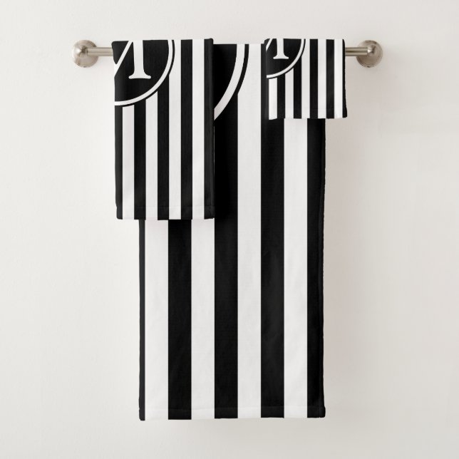 Elegant Monogram Black And White Stripes Bath Towel Set (Insitu)