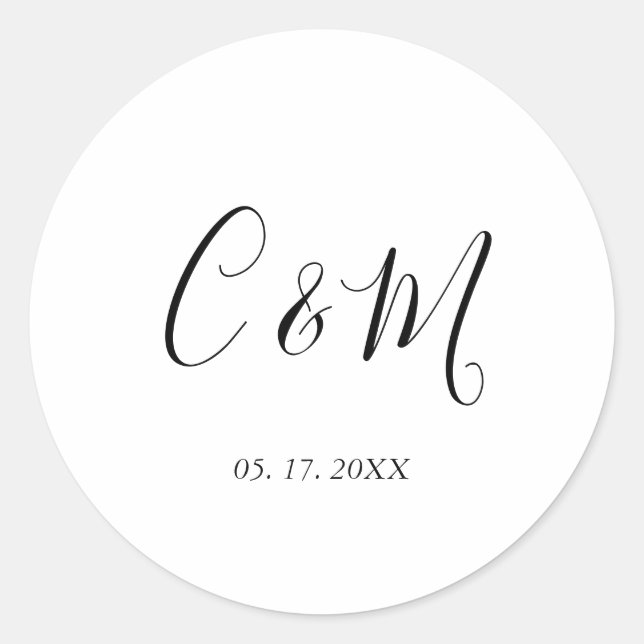 Elegant Monogram Black and White Wedding Classic Round Sticker (Front)