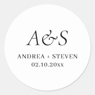 Elegant Monogram Black and White Wedding  Classic Round Sticker