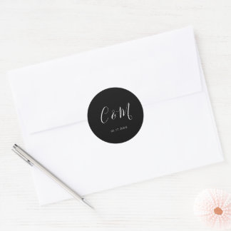Elegant Monogram Black and White Wedding Classic Round Sticker