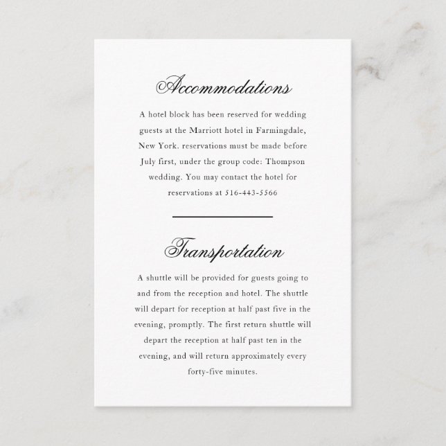 Elegant Monogram Black and White Wedding Hotel Enclosure Card (Front)