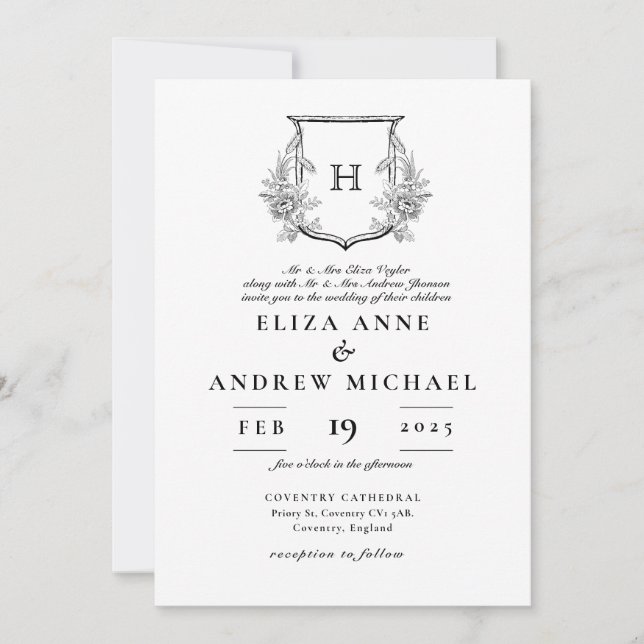 Elegant Monogram Black and White Wedding  Invitation (Front)
