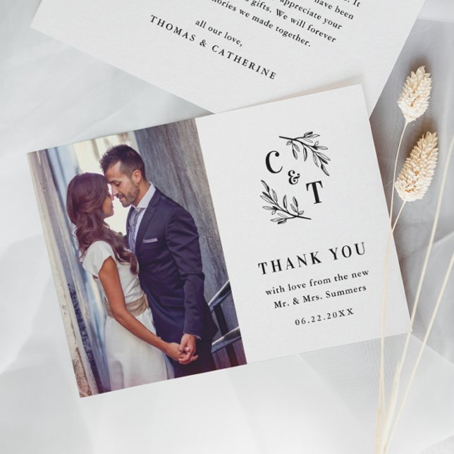 Elegant Monogram Black and White Wedding Photo Thank You Card (Elegant Monogram Greenery Leaves Wedding Photo Thank You Cards.)