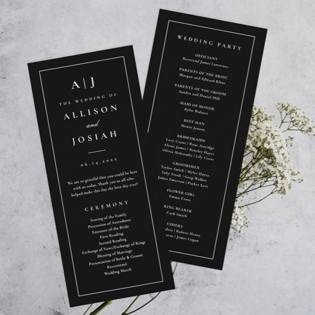 Elegant Monogram Black and White Wedding Programme (Elegant monogram black and white simple typographic wedding program.)