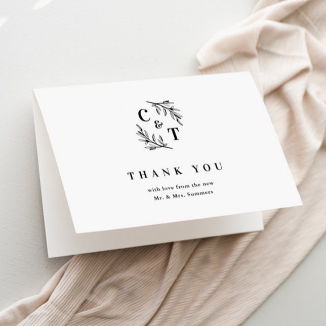 Elegant Monogram Black and White Wedding Thank You Card (Elegant Monogram Greenery Leaves Wedding Thank You Cards.)