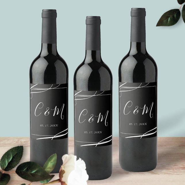 Elegant Monogram Black and White Wine Label (Creator Uploaded)