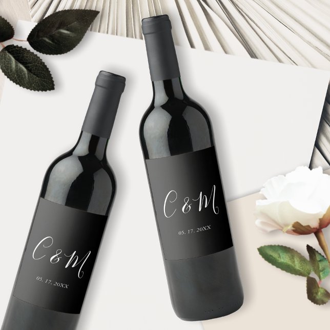 Elegant Monogram Black and White Wine Label (Creator Uploaded)