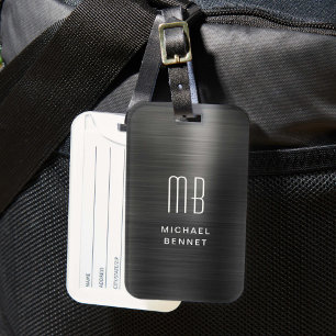 Elegant Monogram Black Brushed Metallic Luggage Tag