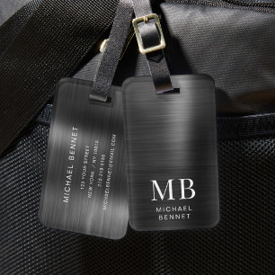 Elegant Monogram Black Brushed Metallic  Luggage Tag