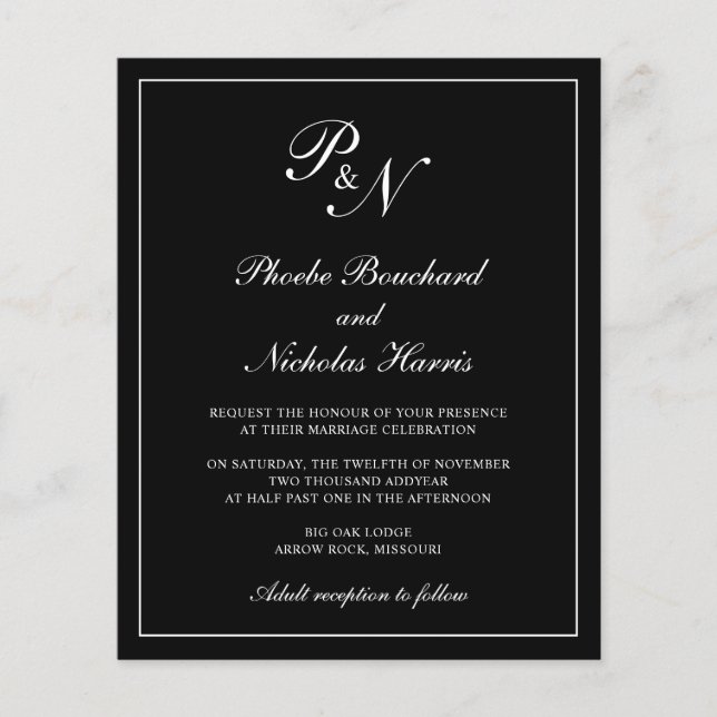 Elegant Monogram Black Budget Wedding Invitation (Front)