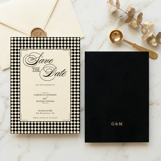 Elegant Monogram Black Cream Checkerboard Save The Date (Creator Uploaded)