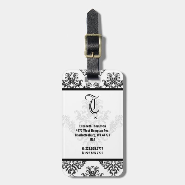 Elegant Monogram Black Damask Luggage Tag (Front Vertical)