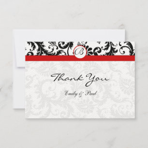 Elegant Monogram Black Damask Red Trim Wedding Card