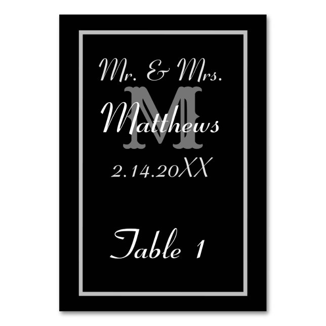 Elegant Monogram Black Est. Year Wedding  Table Number (Front)