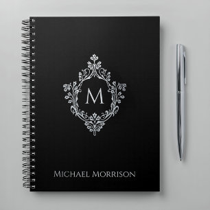 Elegant Monogram Black Faux Silver Vintage Crest Notebook