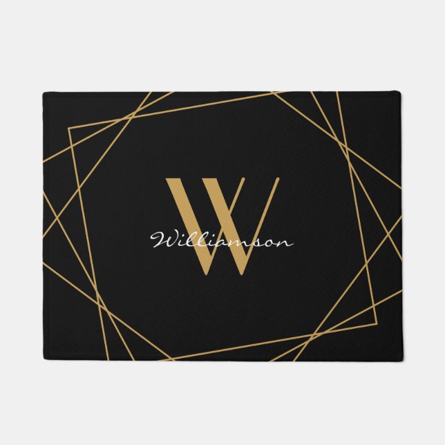 Elegant Monogram Black Gold Add Name Script Doormat (Front)