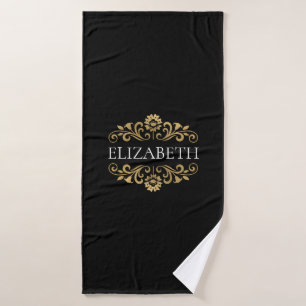 Elegant Monogram Black Gold Bath Towel