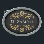 Elegant Monogram Black Gold Belt Buckle<br><div class="desc">An elegant black and gold flourish belt buckle. So Chic and stylish!  Add your name between the gold floral flourish on the front. Designed for you by Blackberry Boulevard.</div>
