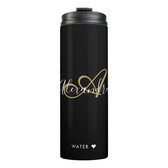 Elegant Monogram Black Gold Chic Script Name Therm Thermal Tumbler (Front)