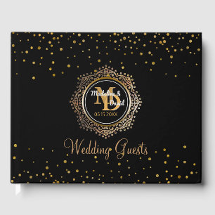 Elegant Monogram Black Gold Confetti Wedding Guest Book
