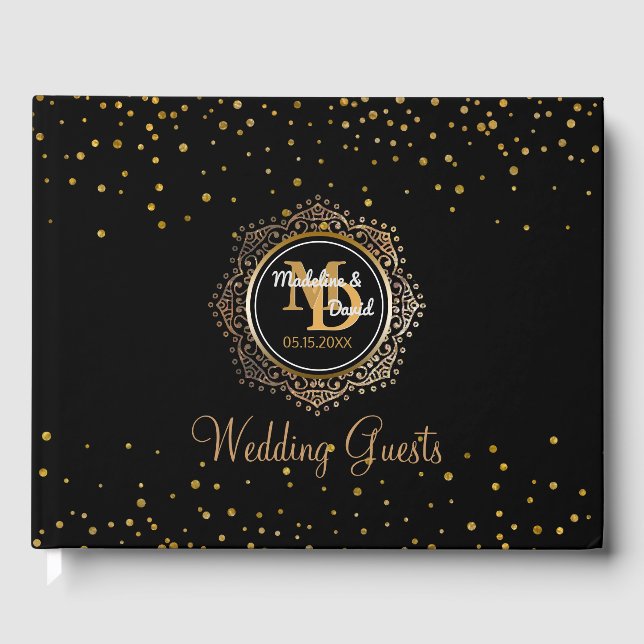 Elegant Monogram | Black Gold Confetti Wedding Guest Book (Front)