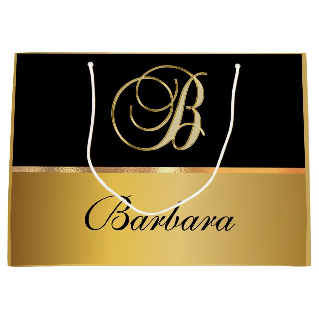 Elegant Monogram Black Gold Elegant Script Name Large Gift Bag (Front)