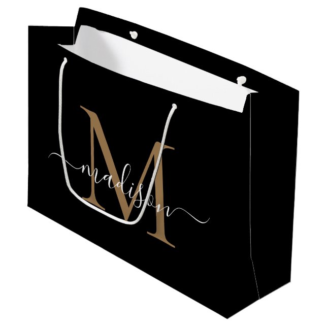 Elegant Monogram Black Gold Elegant Script Name Large Gift Bag (Front Angled)