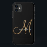 Elegant Monogram Black Gold Name  iPhone 11 Case<br><div class="desc">Personalised iphone case featuring a gold script initial,  and white script name on black A trending modern minimalist typography style. Select your device model for this design.</div>