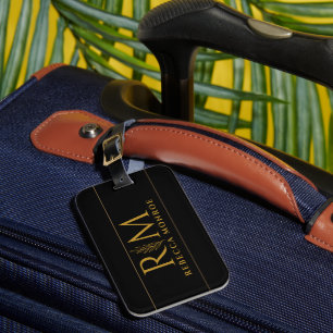 Elegant Monogram Black Gold Name Luggage Tag