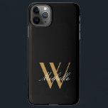 Elegant Monogram Black Gold Name Script iPhone 11Pro Max Case<br><div class="desc">This elegant monogram black background with gold letters in simple design are great elements to show on this iphone case. The best part here is that you can personalise it by adding your initial and name. If you can not get what you like just send me an email at jraym48@gmail.com...</div>