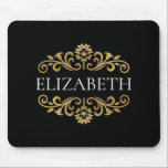 Elegant Monogram black Gold Office School Mouse Mat<br><div class="desc">An elegant black and gold flourish mousepad for your office or back to school. Add your name between the gold floral flourish on the front. Designed for you by Blackberry Boulevard.</div>