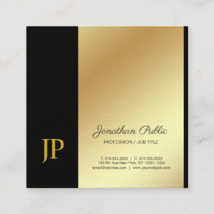 Elegant Monogram Black Gold Plain Luxury Linen Square Business Card