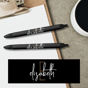 Elegant Monogram Black Gold Script Black Ink Pen