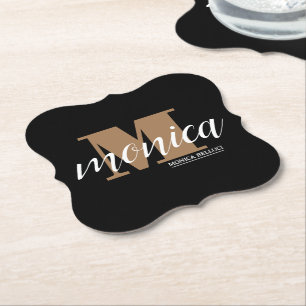 Elegant Monogram Black Gold Script minimal Paper Coaster
