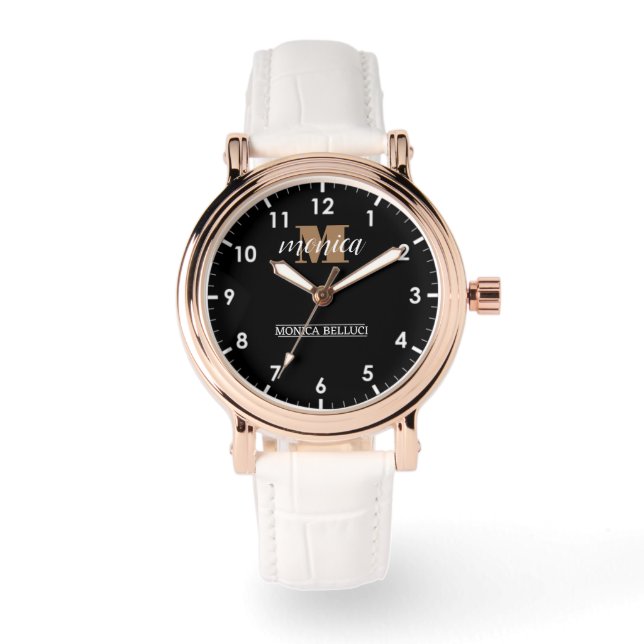 Elegant Monogram Black Gold Script minimal Watch (Front)
