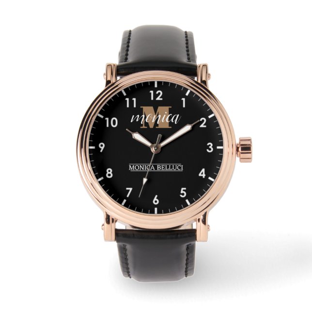 Elegant Monogram Black Gold Script minimal Watch (Front)