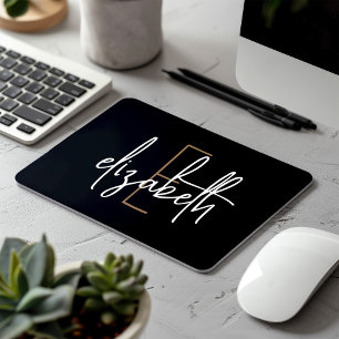 Elegant Monogram Black Gold Script Mouse Mat