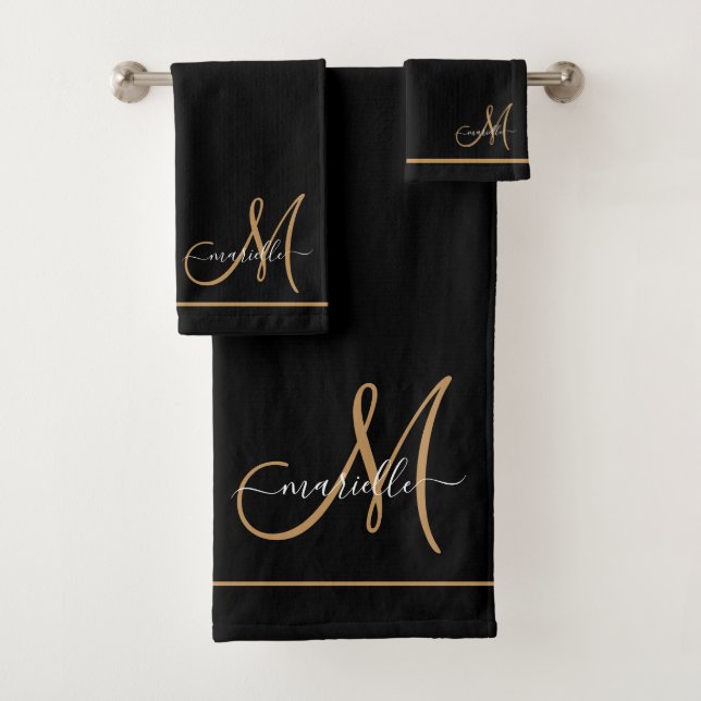 Elegant Monogram Black Gold Script Name  Bath Towel Set (Insitu)