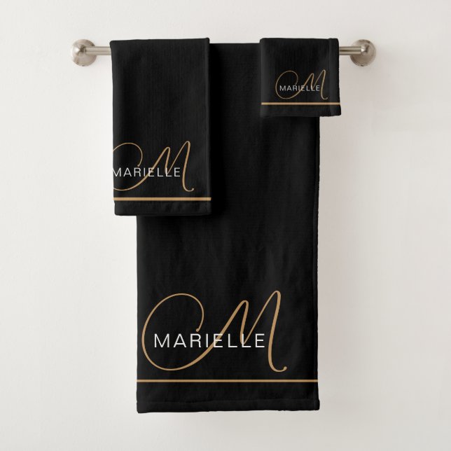 Elegant Monogram Black Gold Script Name  Bath Towel Set (Insitu)
