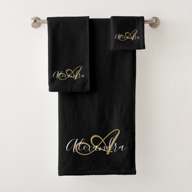 Elegant Monogram Black Gold Script Name Bath Towel Set (Insitu)