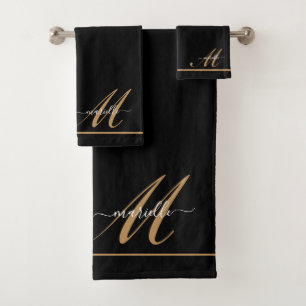 Elegant Monogram Black Gold Script Name  Bath Towel Set