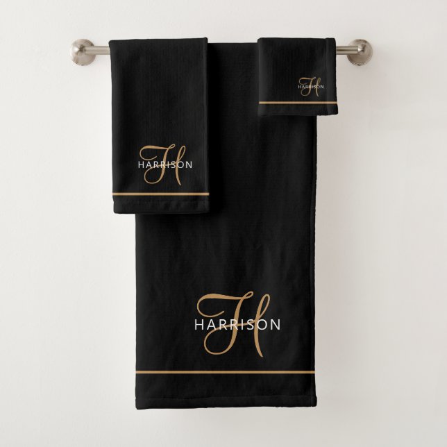Elegant Monogram Black Gold Script Name  Bath Towel Set (Insitu)
