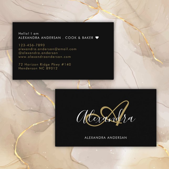 Elegant Monogram Black Gold Script Name Business Card (Elegant Monogram Black Gold Script Name Business Card)