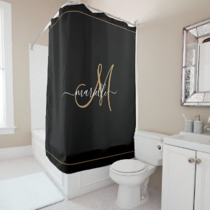 Elegant Monogram Black Gold Script Name Shower Curtain