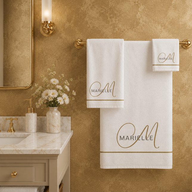 Elegant Monogram Black Gold Script Name White Bath Towel Set (Creator Uploaded)