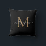 Elegant Monogram Black Gold Script Names Wedding Cushion<br><div class="desc">Chic monogrammed keepsake pillow with your names and monogram in white elegant handwritten script calligraphy and gold modern typography on a black background. Simply add your names and monogram. Exclusively designed for you by Happy Dolphin Studio. If you need any help or matching products, please contact us at happydolphinstudio@outlook.com. We're...</div>