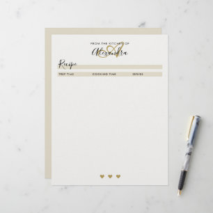 Elegant Monogram Black Gold Simple Recipe Sheet
