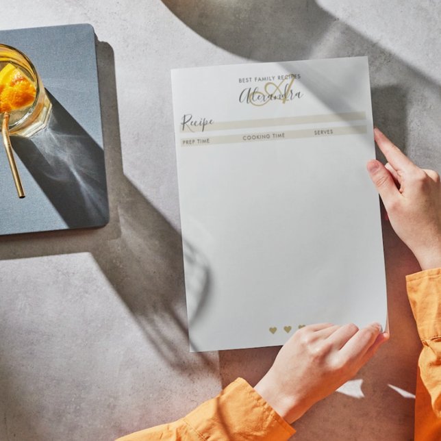 Elegant Monogram Black Gold Simple Recipe Sheet No Notepad (Creator Uploaded)